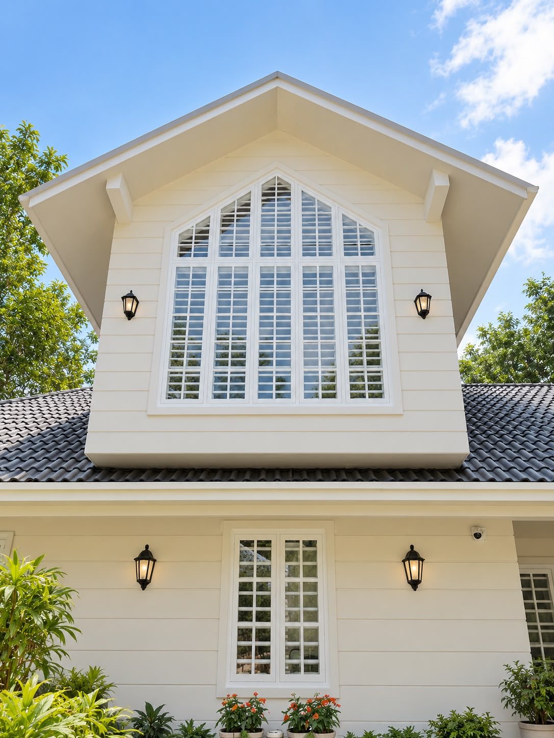 White concrete building with slim steel window frames