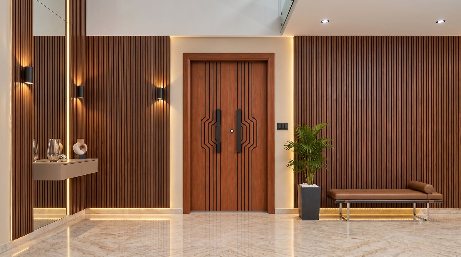 Matte black custom steel entrance door on a modern facade